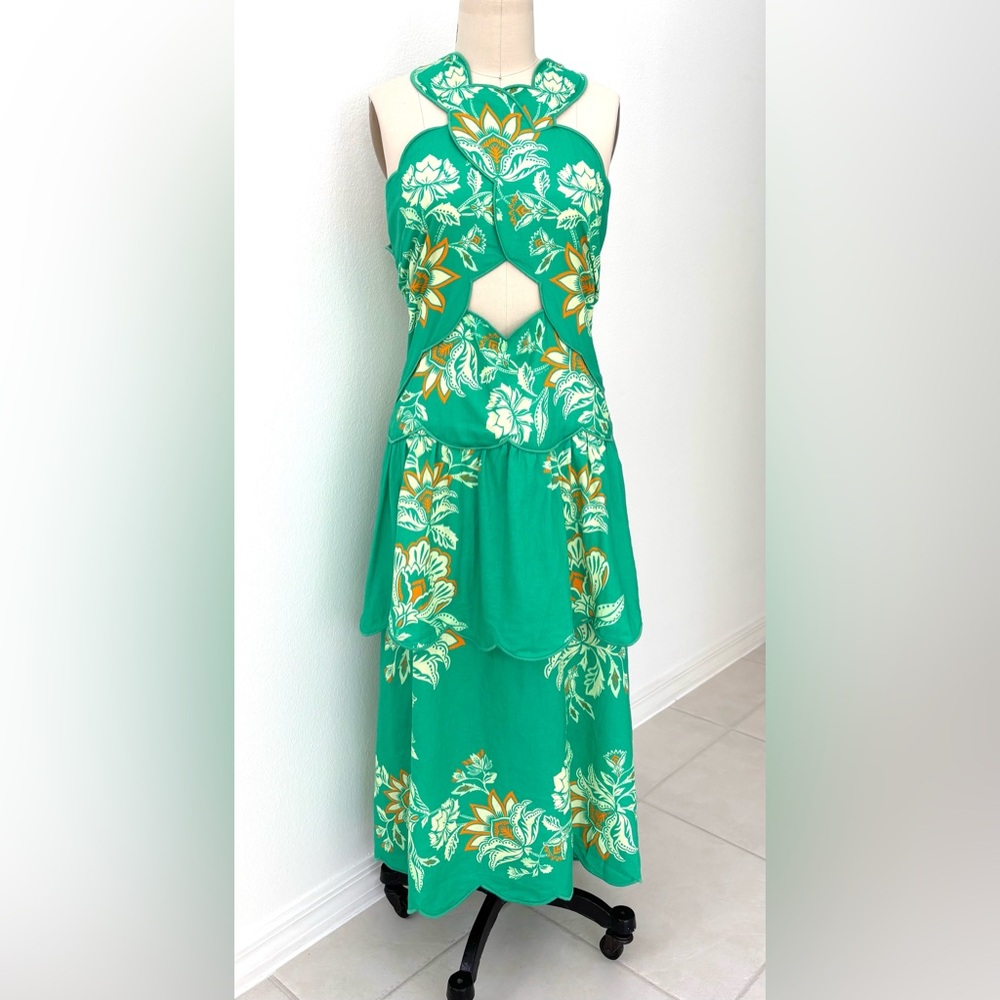 FARM Rio x Anthropologie Halter Dress NWT Green Floral Scalloped Linen-Blend L